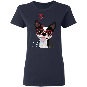 Funny Cute Dog Valentine Heart American Boston Terrier G500L Ladies' 5.3 oz. T-Shirt
